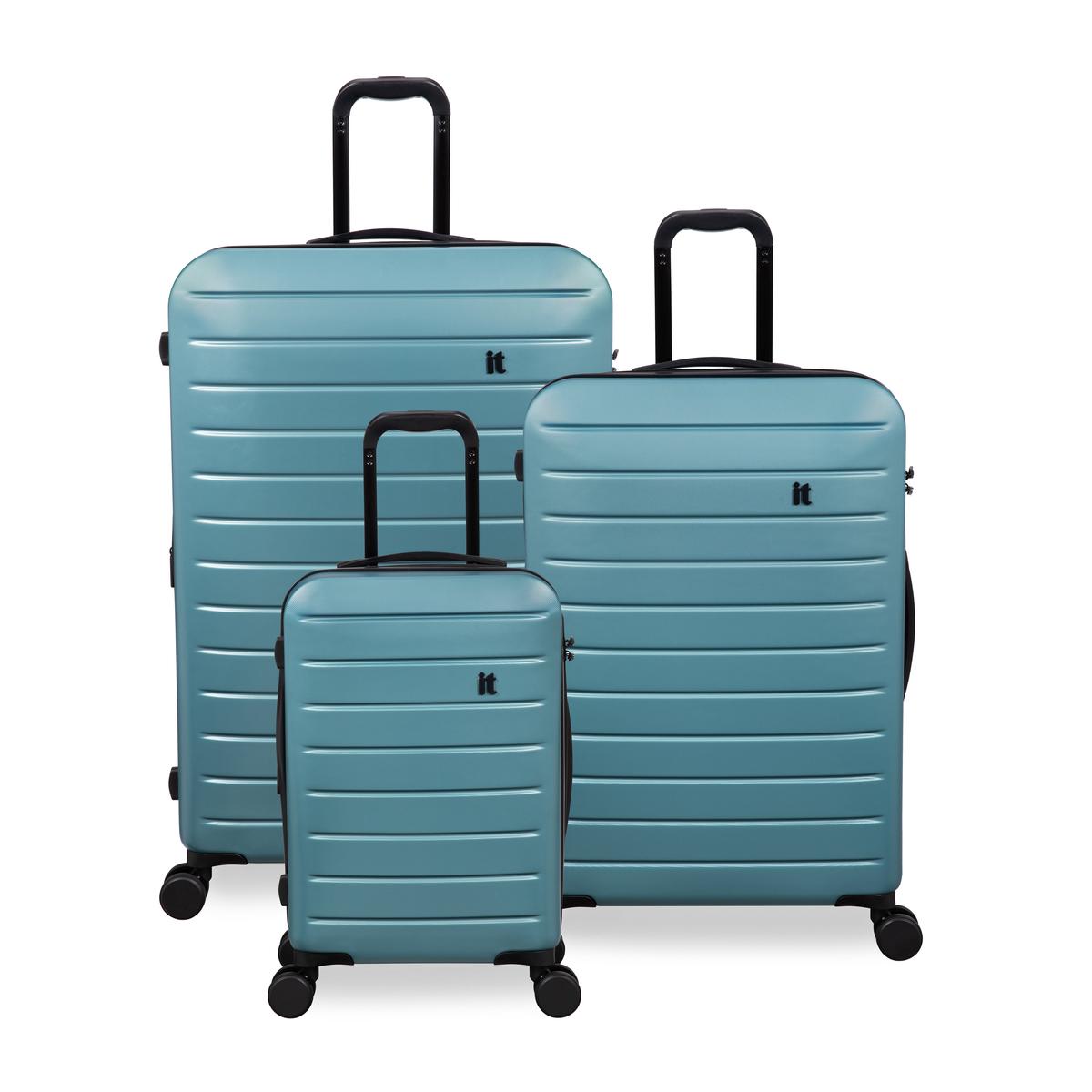 16-2179A08 IT Luggage Trolley Case Set 3 Piece Smoke Blue Cabin, Medium & Large Lightweight Hard Shell Suitcases