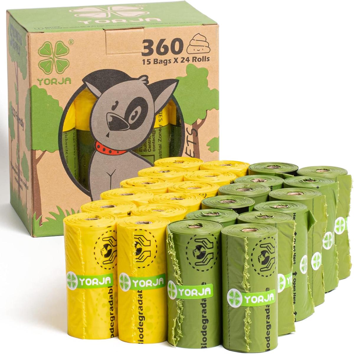 YORJA Dog Poop Bags Rolls, 360 Pet Waste Bags, 100% Leak Proof Extra Thick and Strong Corn Starch Blend