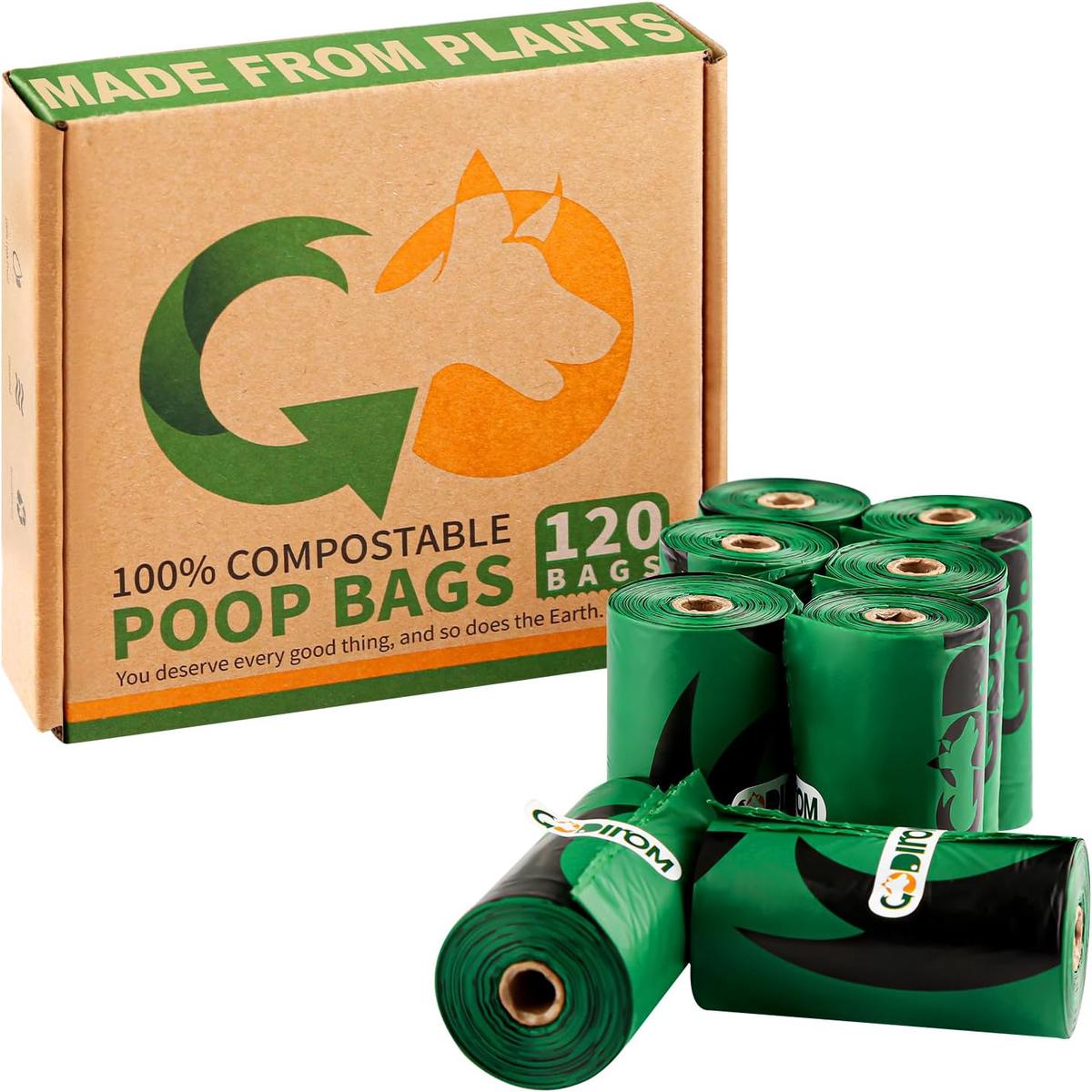 Certified 100% Compostable Poop Bags for Dogs, 120 Count Guaranteed Leak Proof and 18 Microns Extra Thick Dog Waste Bag, 18 Rolls of Plant Based Doggie Poop Bag, No Scented with ASTM D6400
