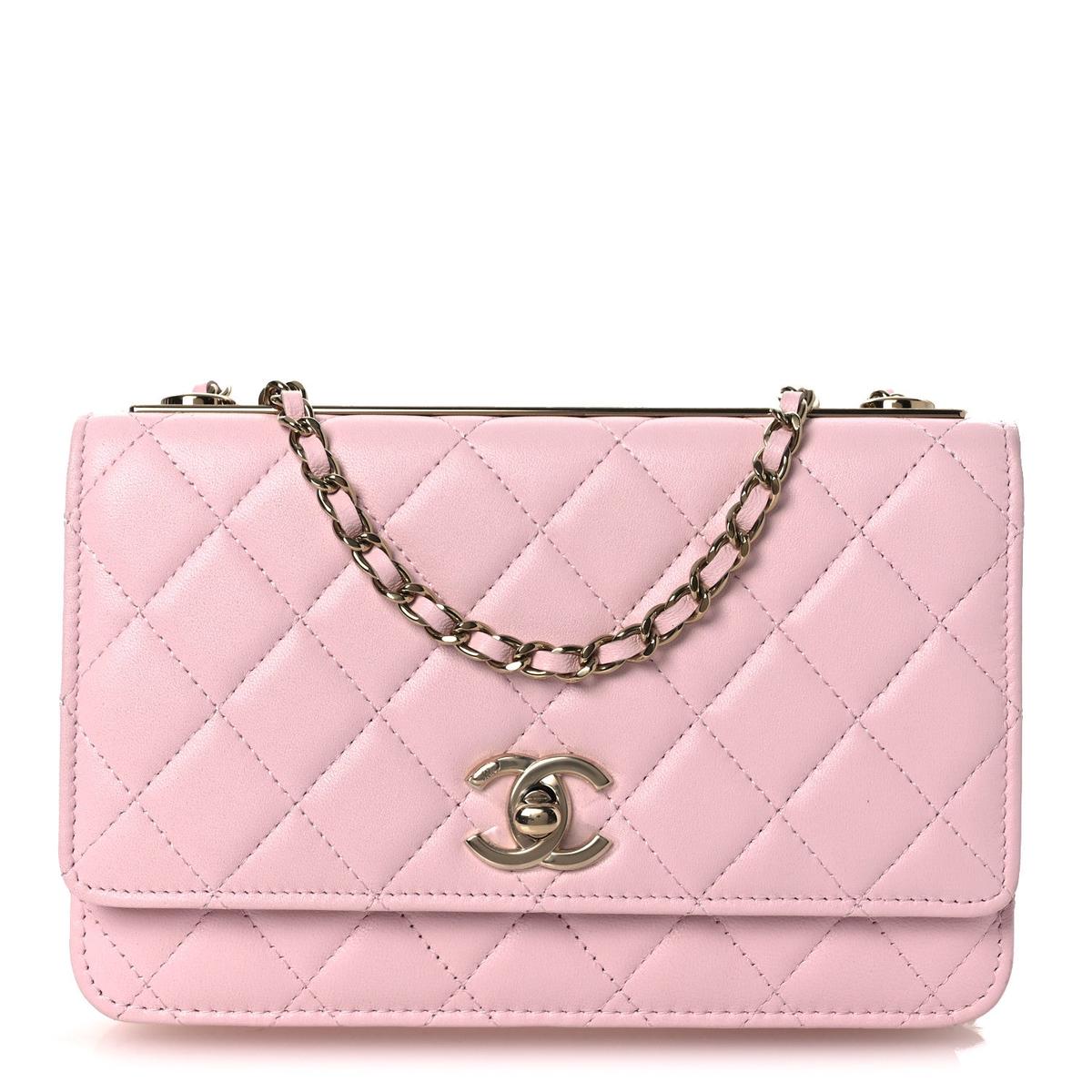 Lambskin Quilted Trendy Chain CC Wallet On Chain WOC Light Pink