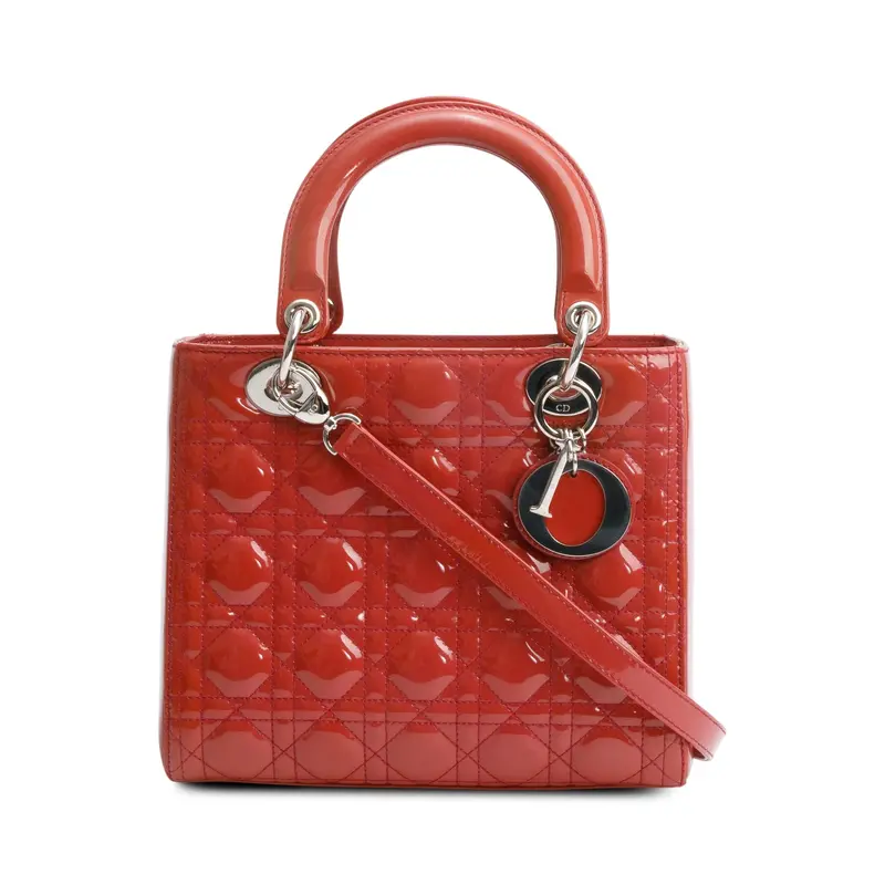 Christian Dior Red Cannage Patent Leather Small Lady Dior Bag w/ Strap