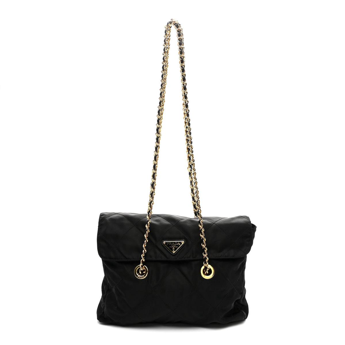 Nylon Tessuto Impuntu Quilted Flap Shoulder Bag Black