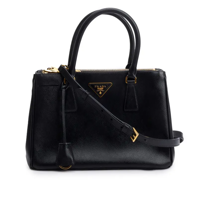 Prada Black Saffiano Leather Small Double Zip Galleria Tote w/ Strap, Box & Authentiity Card