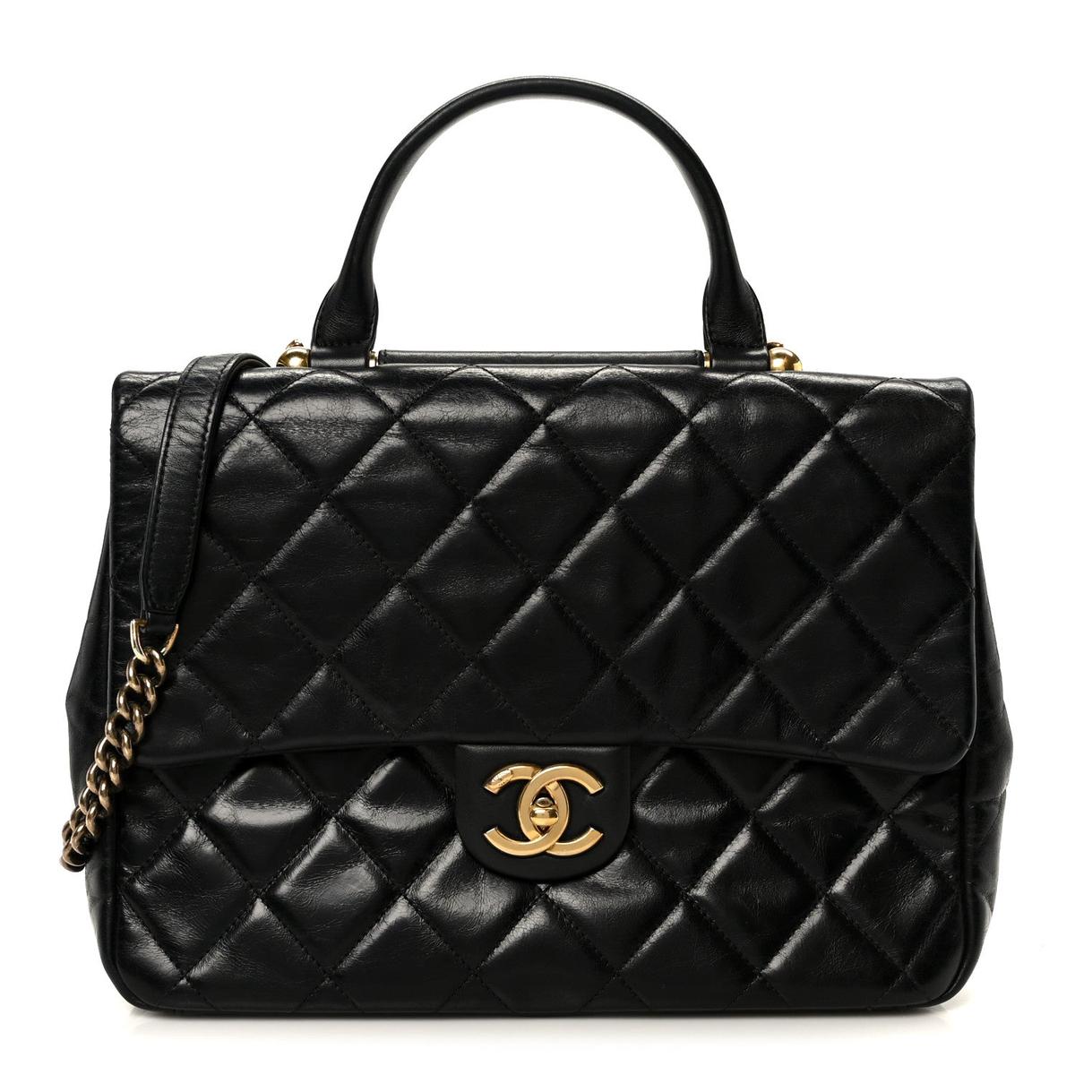 Glazed Calfskin Quilted Large Gold Bar Top Handle Flap Black