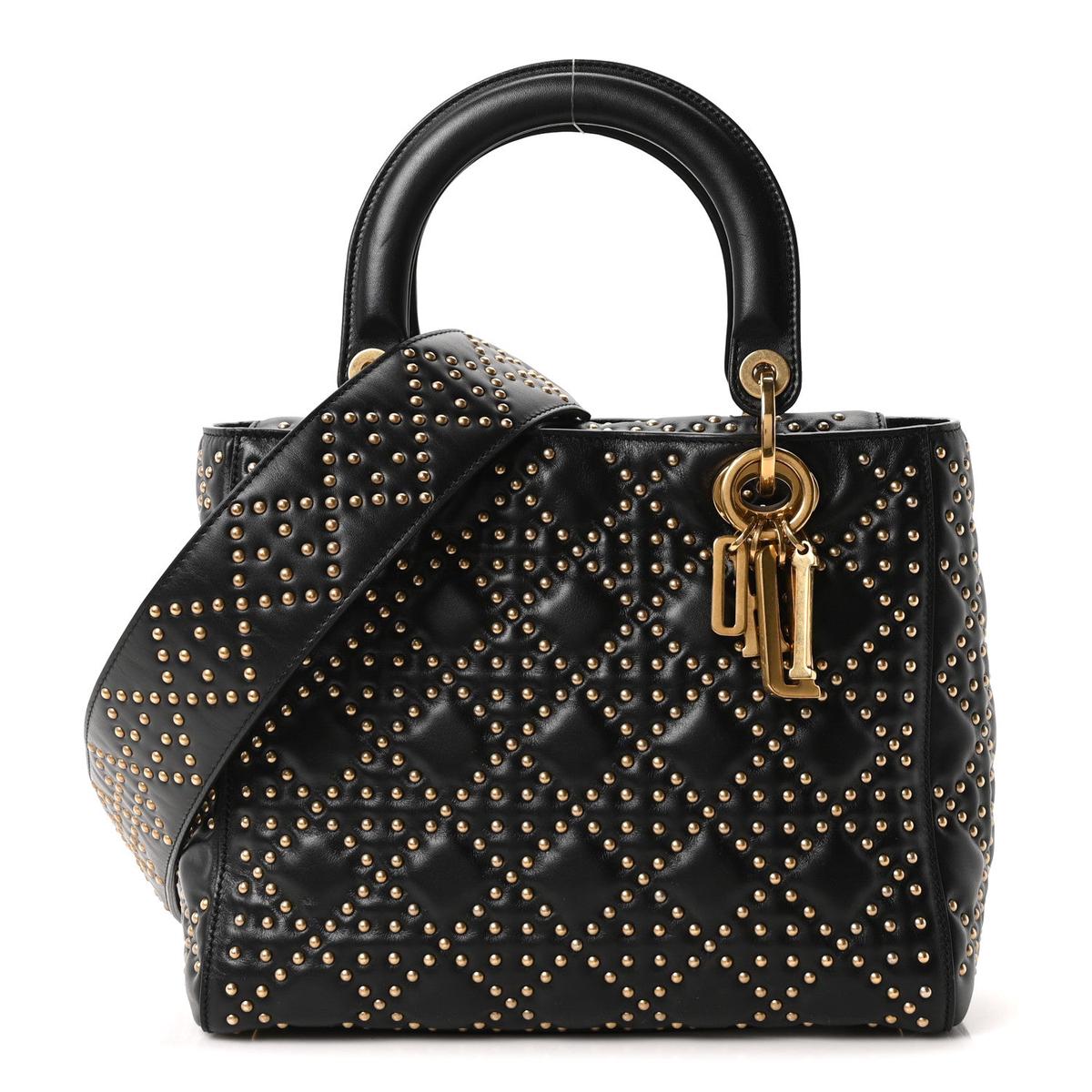 Calfskin Cannage Studded Medium Supple Lady Dior Black
