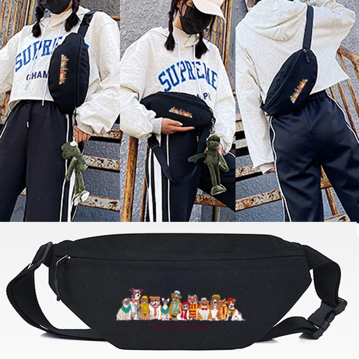 Three Dogs Print Waist Bags Sport Travel Crossbody Shoulder Packs Casual Handbag