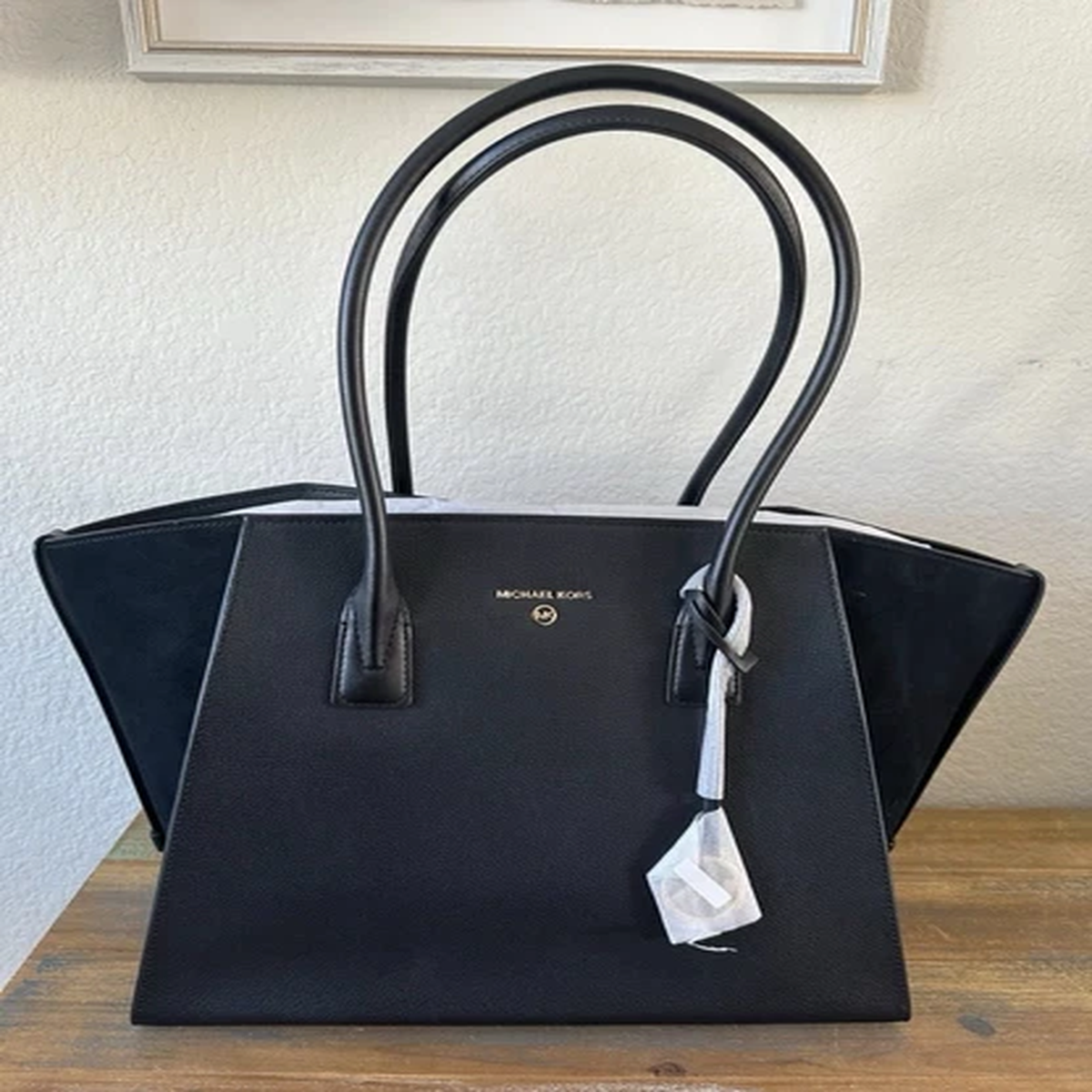 Michael Kors Large Black Tote Zip Top Gold Hardware MK Charm + Original Dust Bag