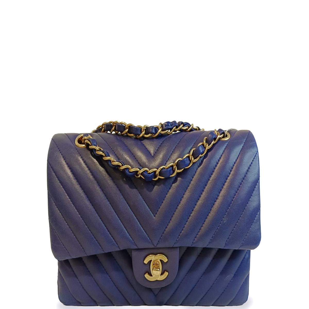 CHANEL CLASSIC DOUBLE FLAP MEDIUM BLUE CHEVRON LAMBSKIN GOLD HARDWARE, WITH , NO DUST COVER