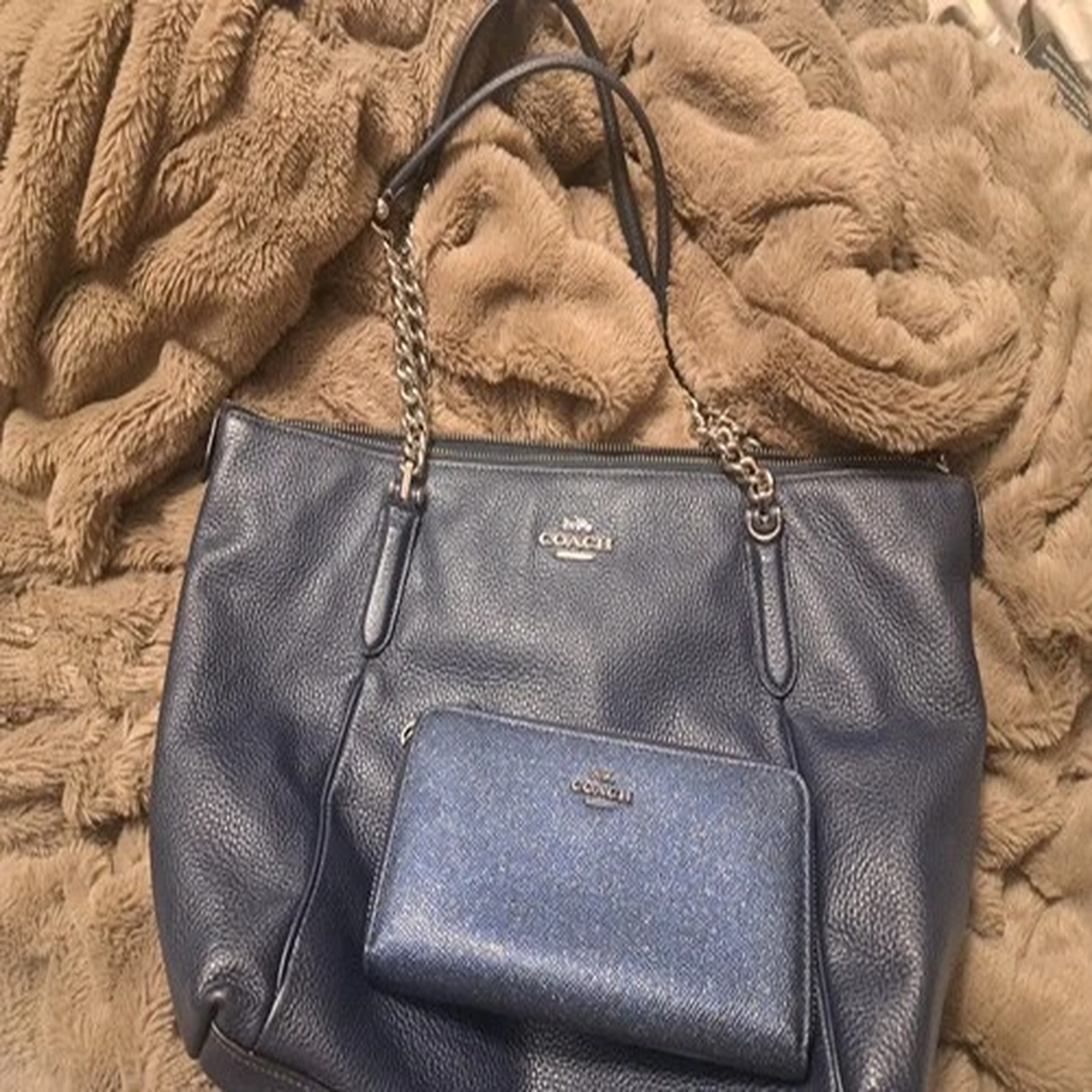 Coach Blue Pebbled Shoulder Bag w/ Chain Strap, Coin Purse & Zip Closure