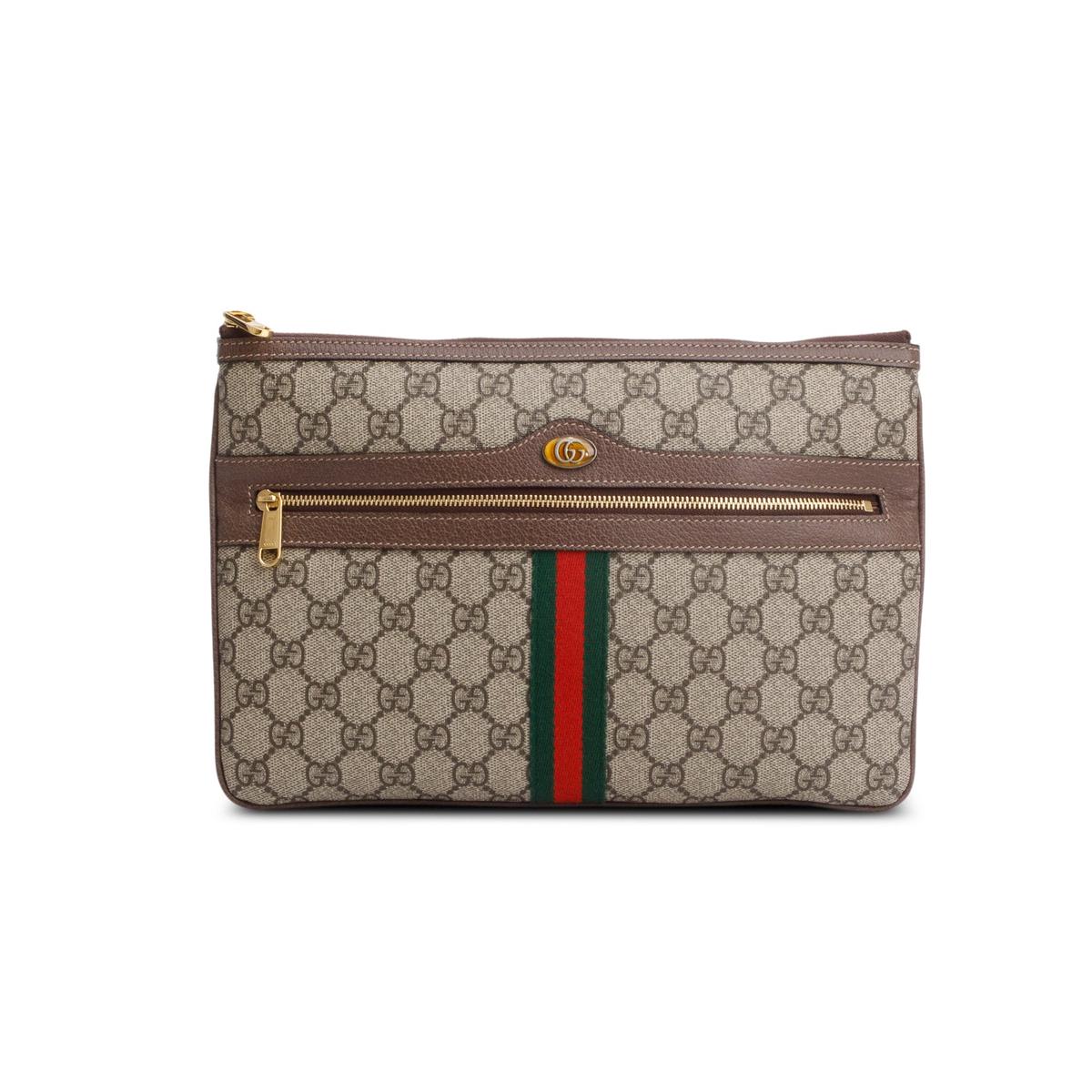 Gucci Brown GG Supreme Monogram Large Ophidia Pouch Clutch w/ Box