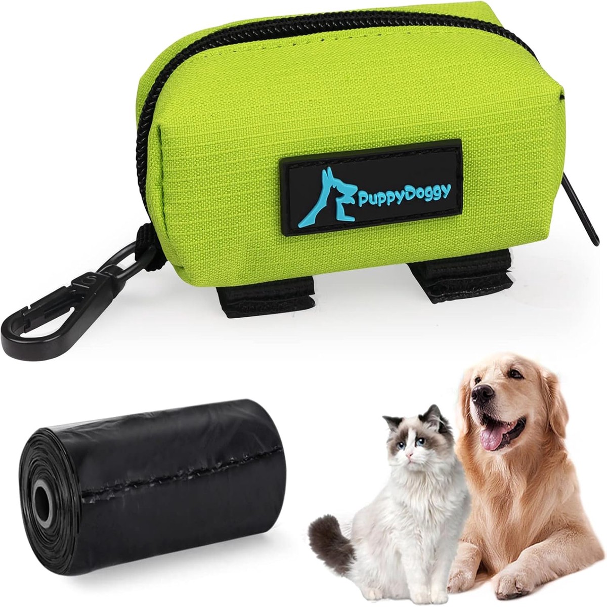 PuppyDoggy 1 Pack Waste Bag Holder for Dogs and Cats - Poop Bag Dispenser Pouch With 1 Roll of Free Bags - Dog Leash Accessory for Bicycle (Green)