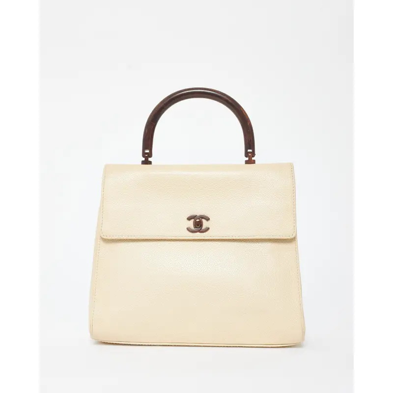 Chanel Vintage Cream Caviar Leather & Wood Kelly Bag