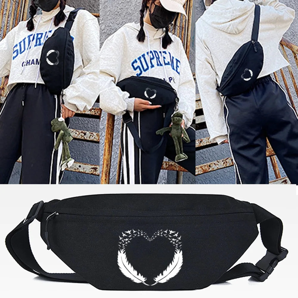 Grey Feathers Print Waist Bags Shoulder Chest Bag Crossbody Bag Unisex Hip Hop S