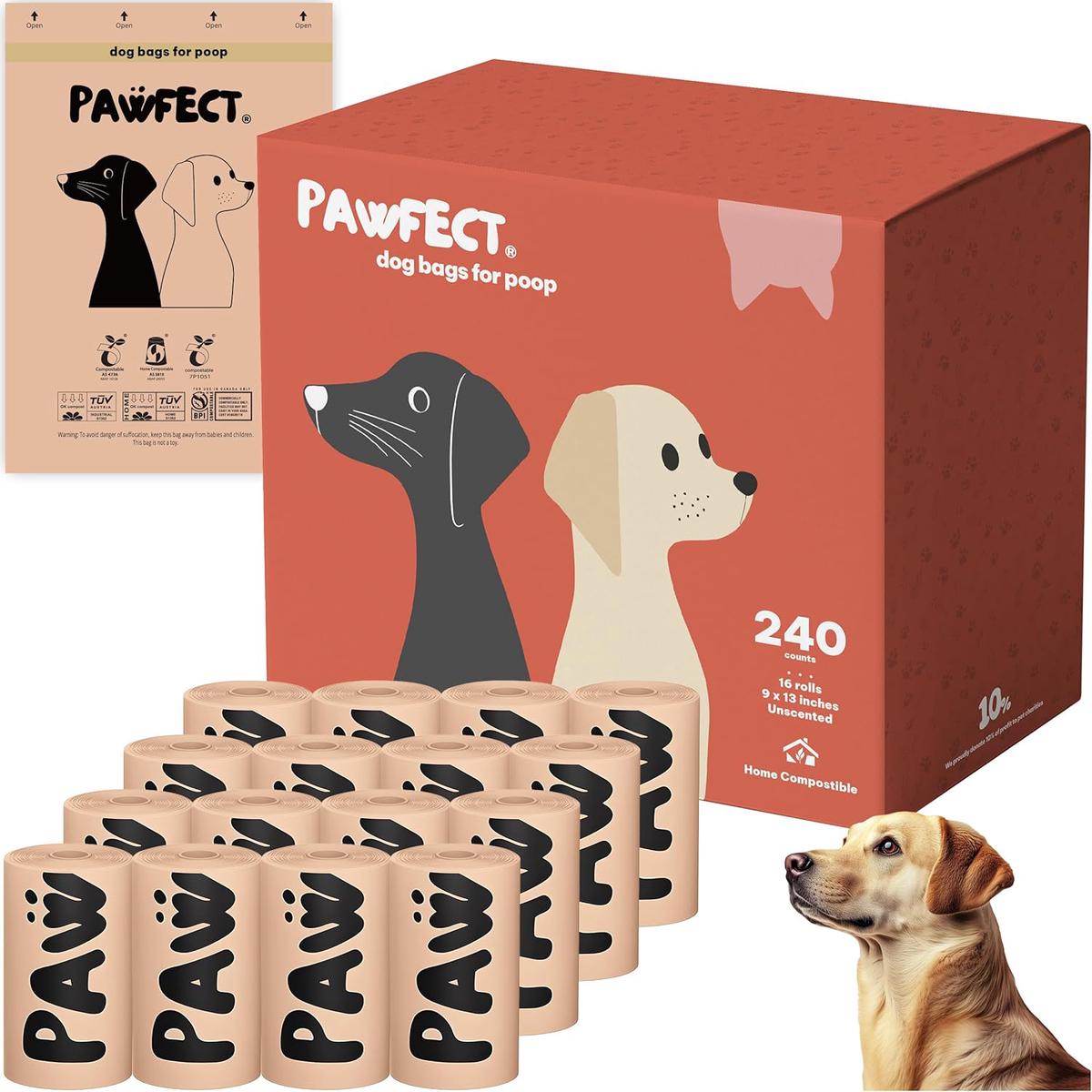 Pawfect Dog Poop Bags Rolls - Biodegradable Doggie Bags, Compostable Dog Waste Bags, BPI Certified Pet Waste Bags, Unscented, Large, Puppy Poo, Earth Friendly, Bolsas de Basura (240 counts