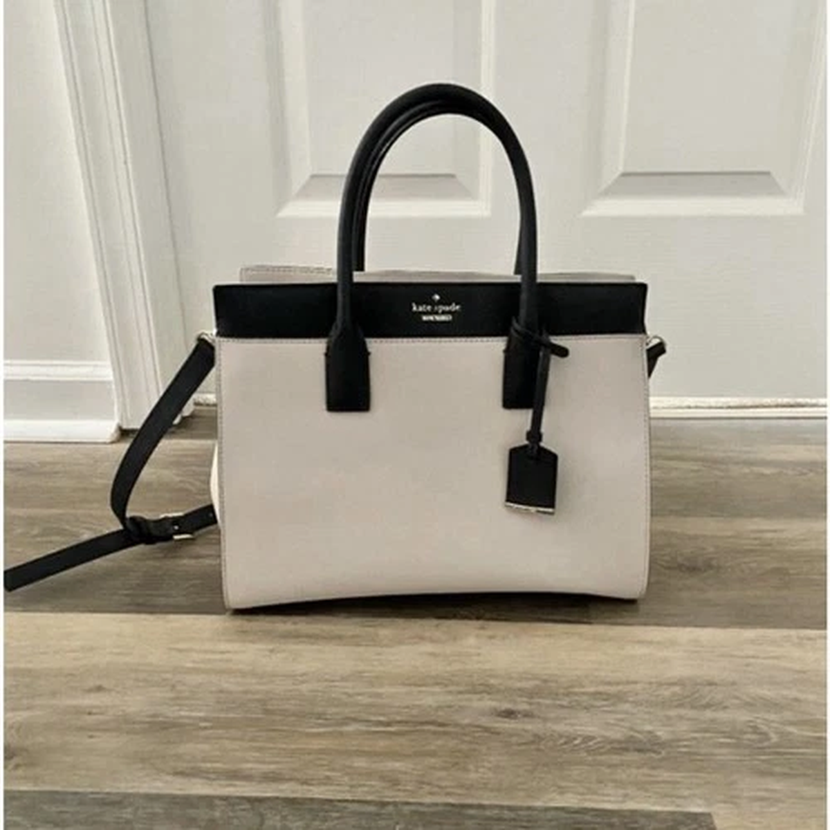 Kate Spade New York Beige/Black Satchel Top Handle Zip Bag w/ Detachable Strap