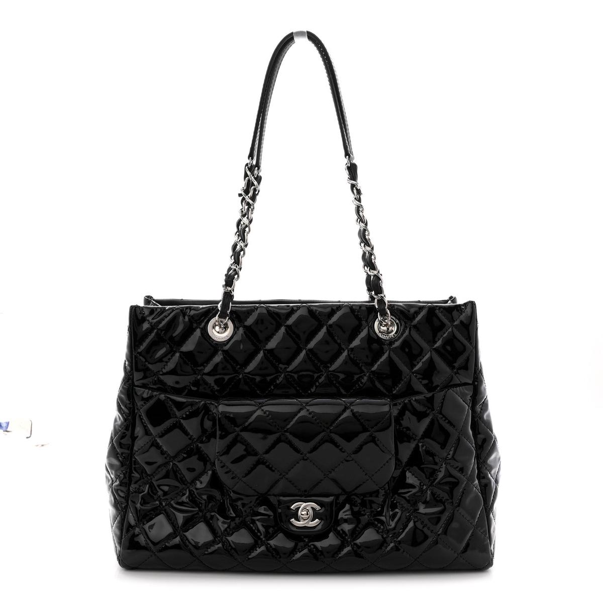 Patent Quilted Large Coco Shine Shopping Tote Black