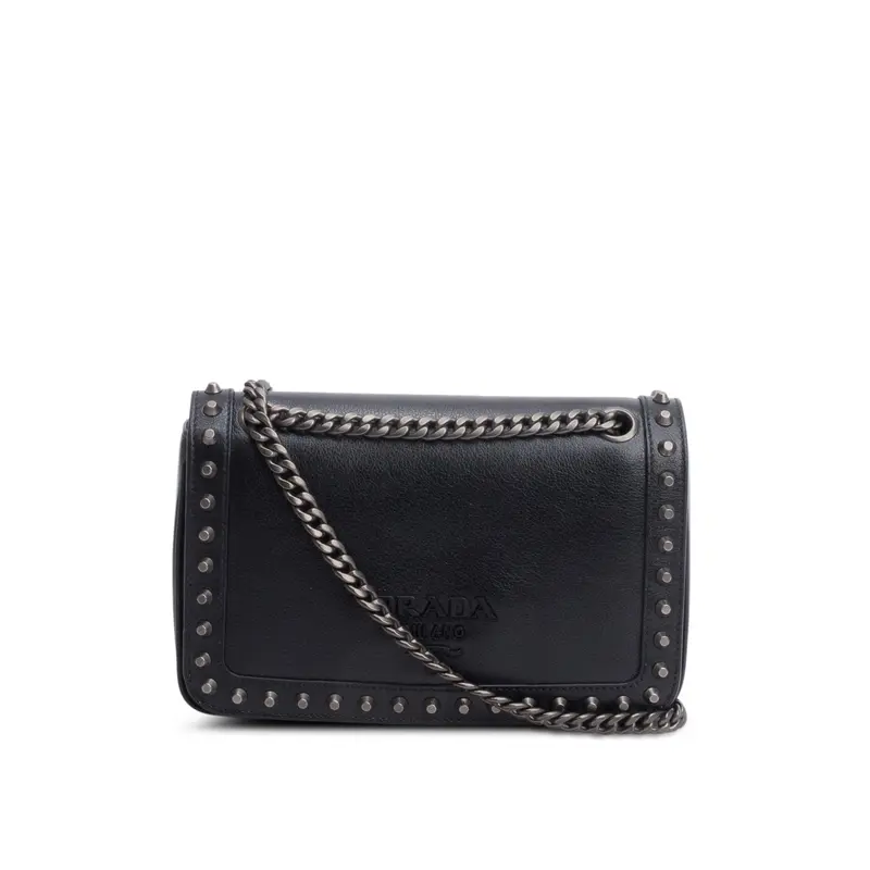 Prada Black Pattina Glace Calf Studded Crossbody Bag w/ Authenticity Card