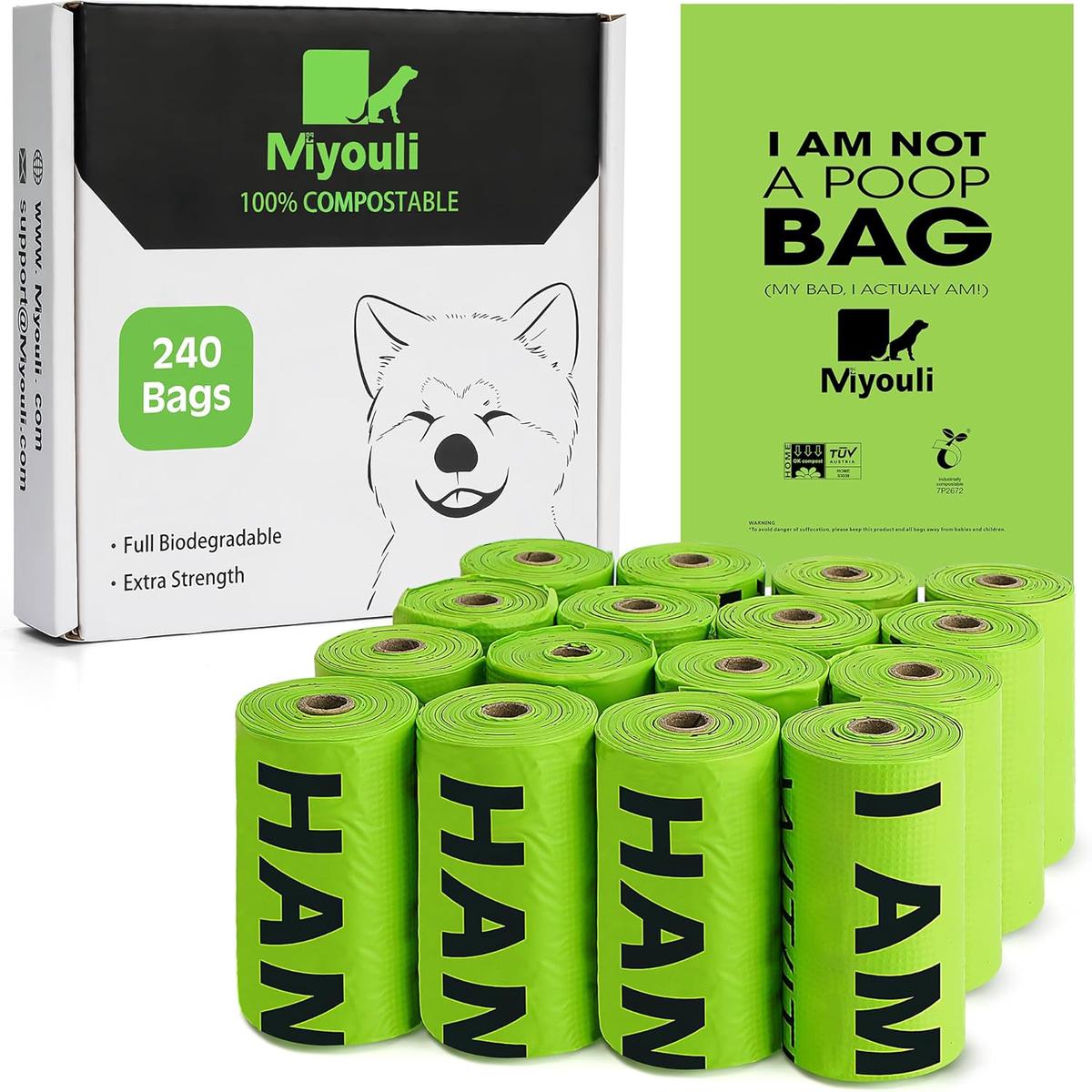 Certified Compostable Poop Bags for Dogs, 240 Poop Bags (16 Rolls), Landfill Friendly, Leak Proof Unscented Easy Open Poop Waste BagGreen
