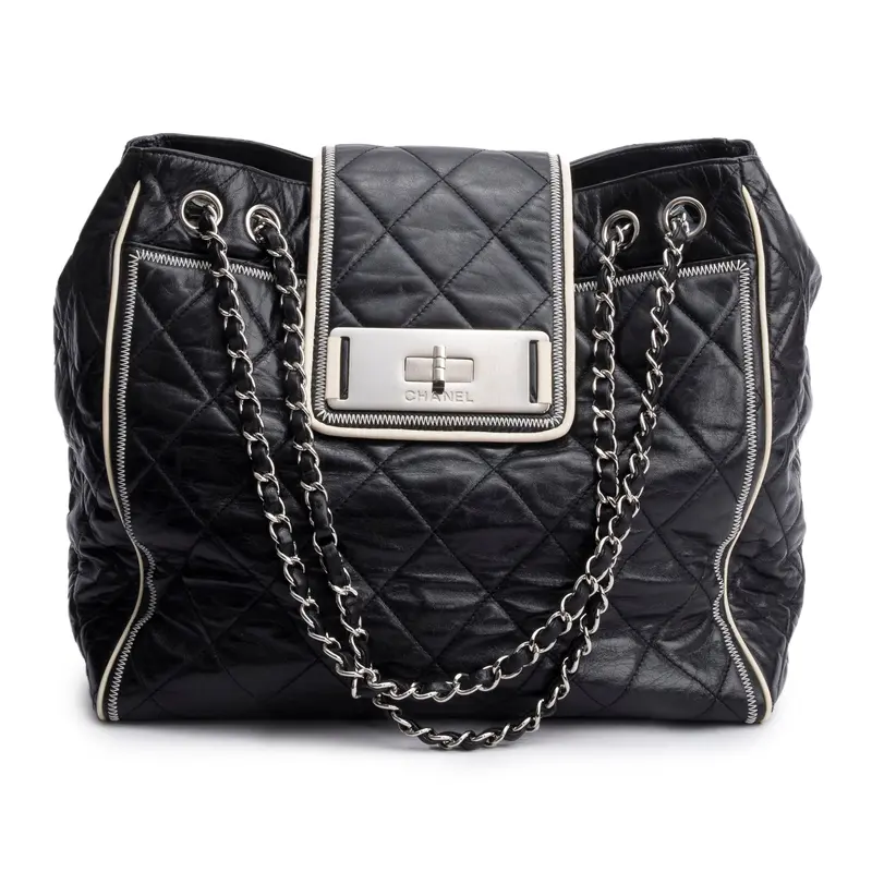 Chanel Black Glazed Lambskin North/South Reissue Tote w/ Authenticity Card