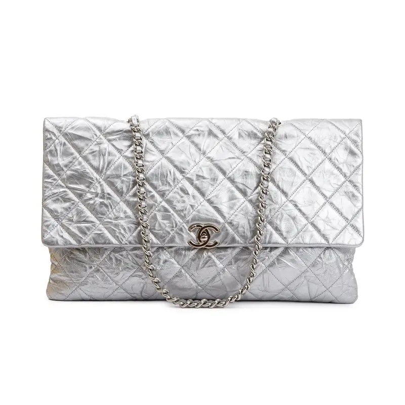 Chanel Metallic Silver Crumpled Calfskin Leather Big Bang Large Flap Bag w/ Authenticity Card