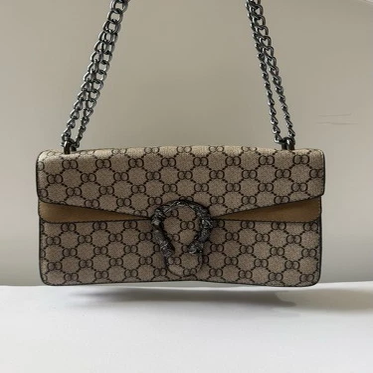 Women's Beige/Brown Monogram Rectangle Chain Shoulder Bag