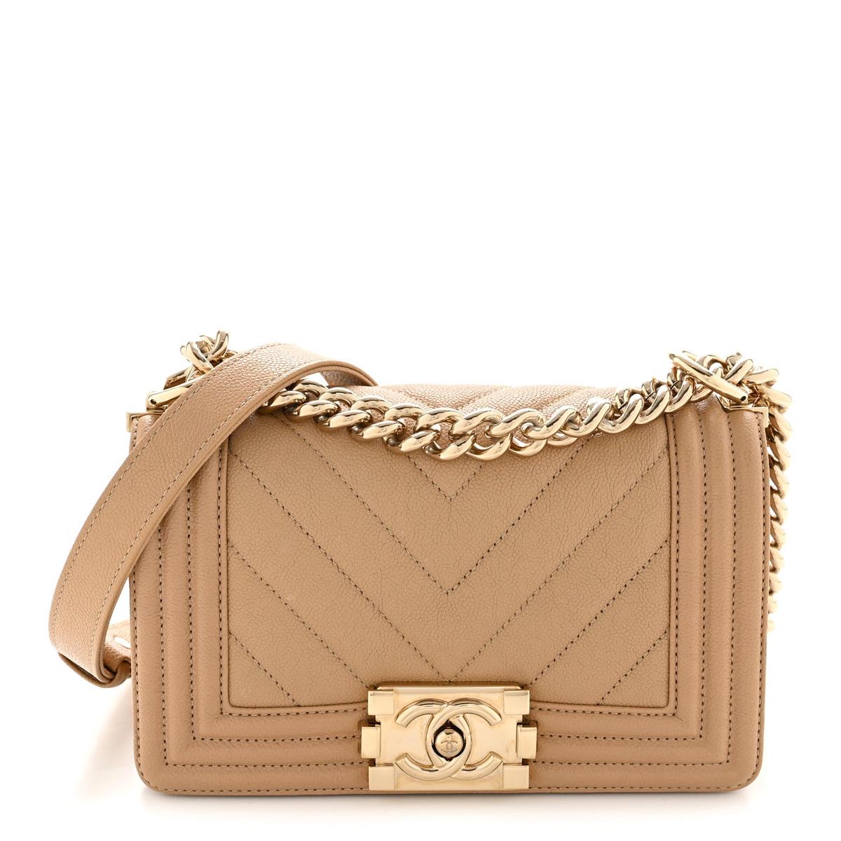 Caviar Chevron Quilted Small Boy Flap Dark Beige