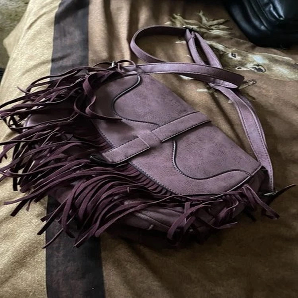 Purple Fringe Crossbody Bag Small Womens Bohemian Solid Rectangle Casual