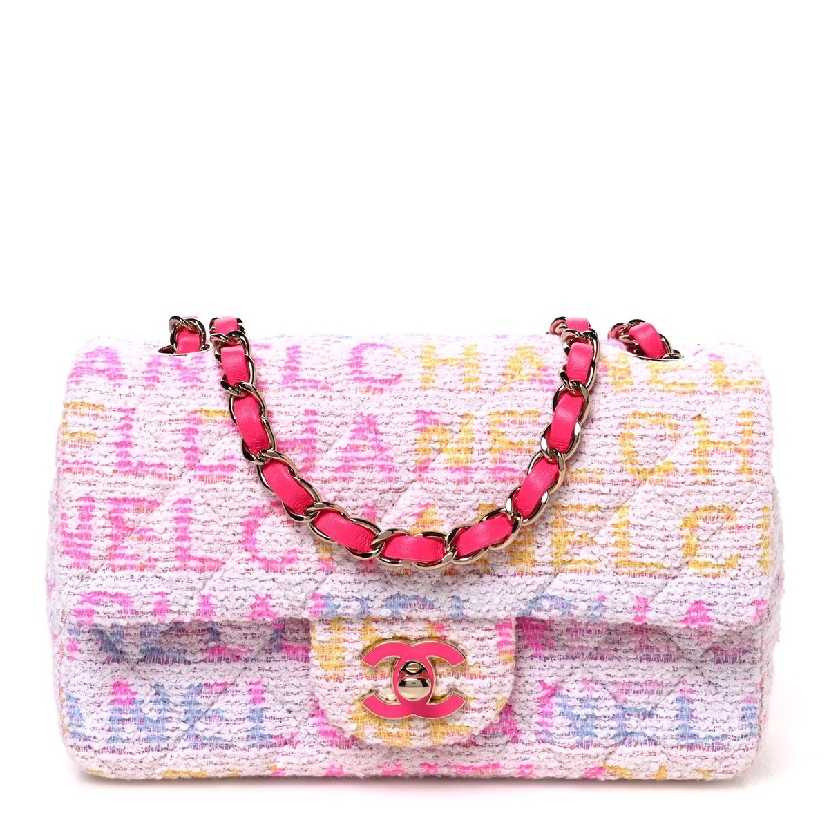 Tweed Quilted Enamel CC Logo Mini Rectangular Flap Pink Multicolor