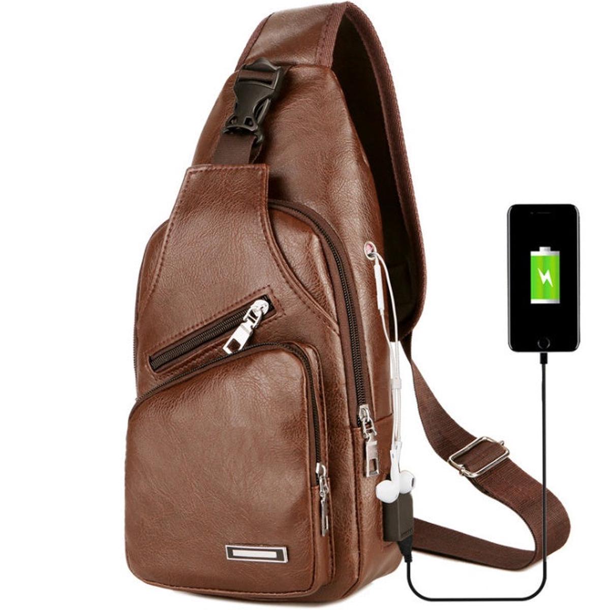USB Portable Charging Chest Bag Messenger Bag - Light brown x6pcs