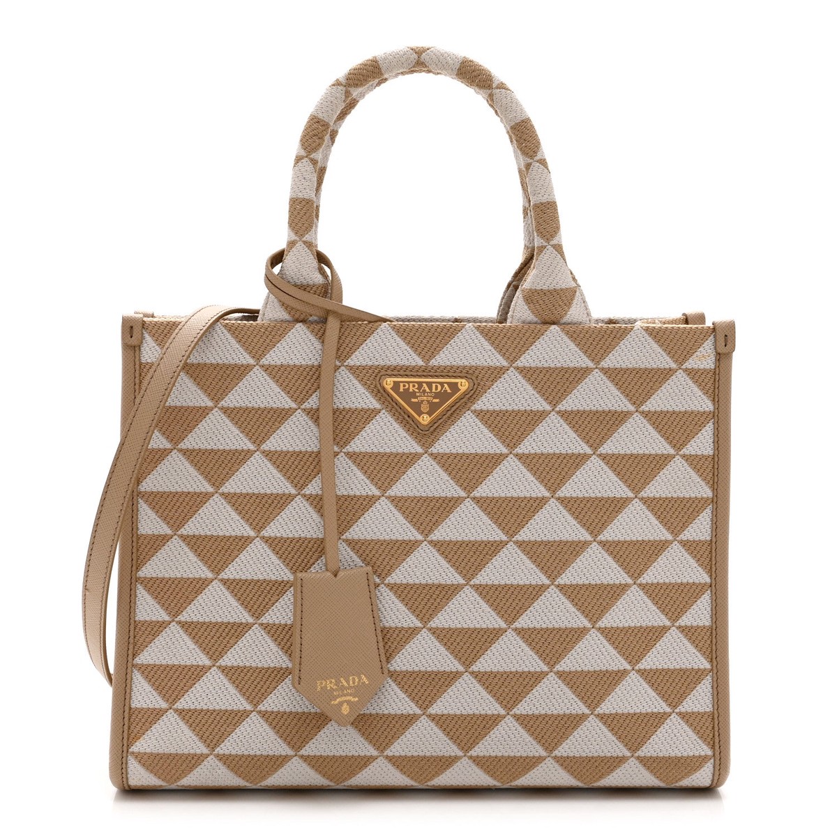 Jacquard Saffiano Triangolo Symbole Embroidered Small Tote Corda Talco