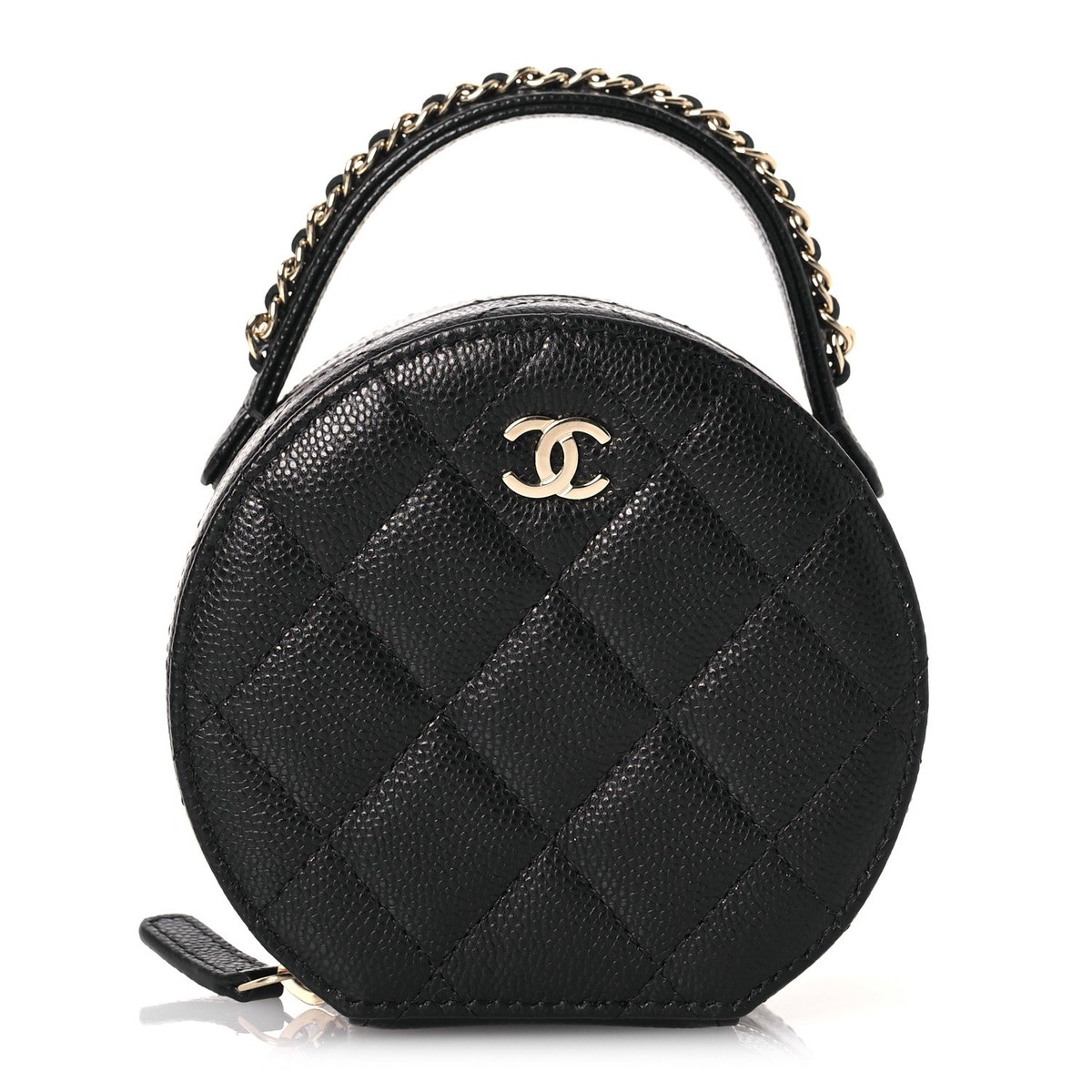 Caviar Quilted Round Top Handle Jewelry Case With Chain Black