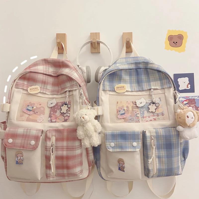 Kawaii Large Checked Multi-Pocket Backpack