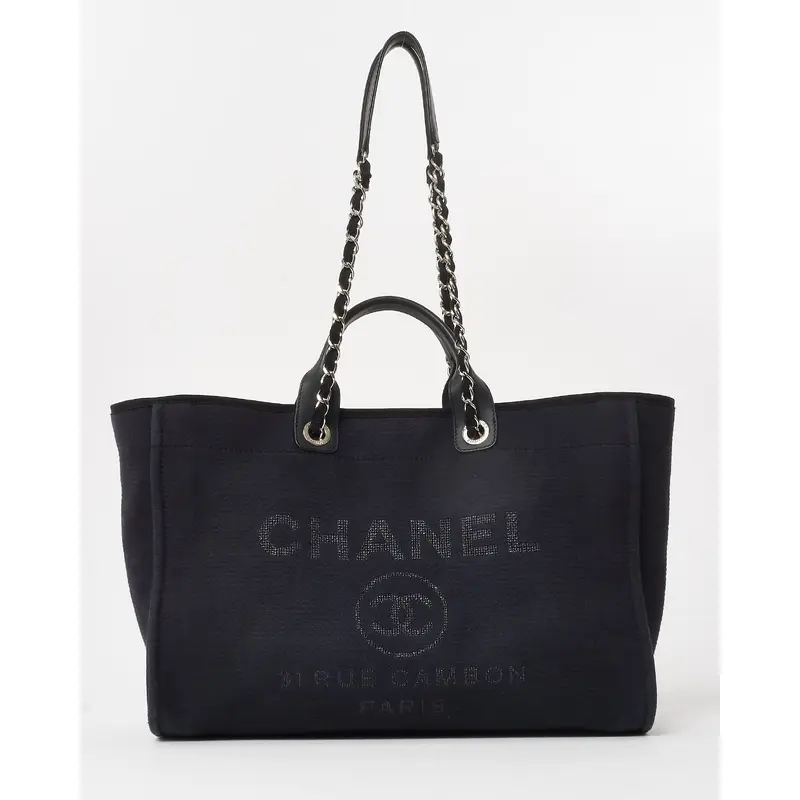 Chanel Navy Mixed Fibers Medium Chanel Logo Deauville Tote