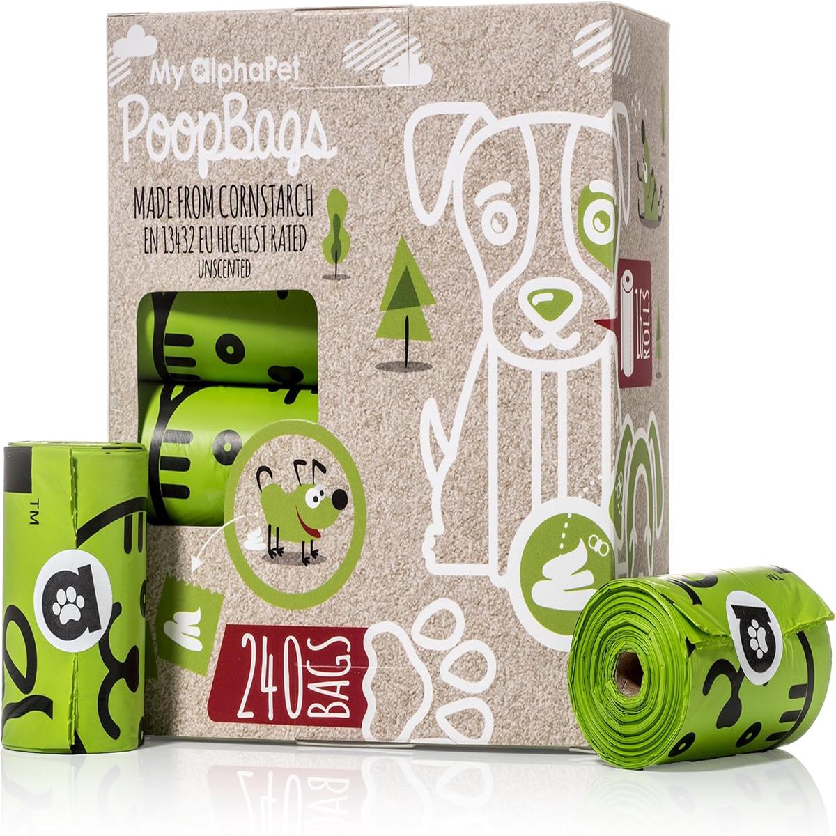Compostable Dog Poop Bags, Cornstarch Eco-Friendly, HOME COMPOST NF T 51-800, 240 Count, Large Size Bag 9x13 Inches, 16 Unscented Refill Rolls, Leak-proof, Plantbased, GM-Free