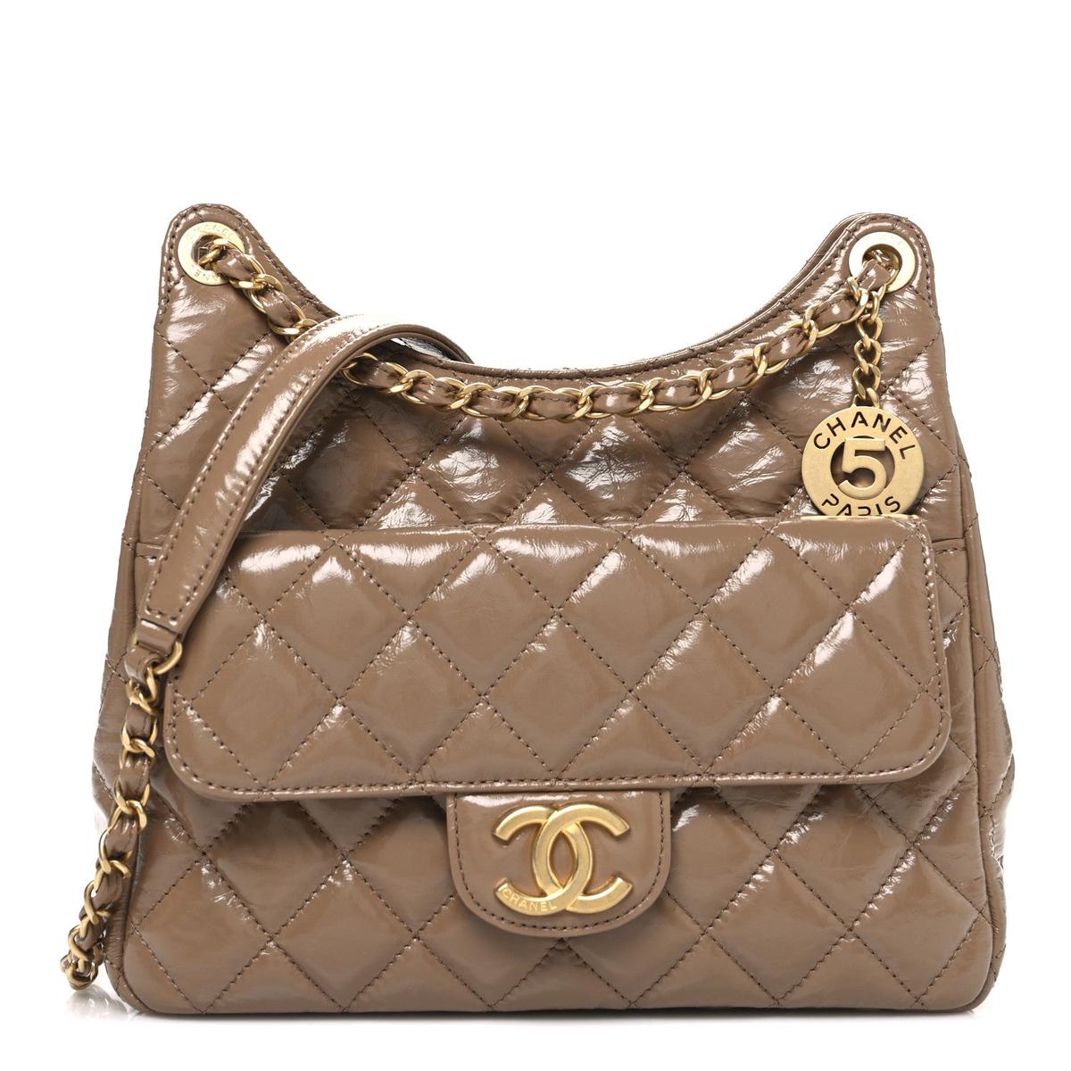 Shiny Crumpled Calfskin Quilted Wavy CC Hobo Dark Beige