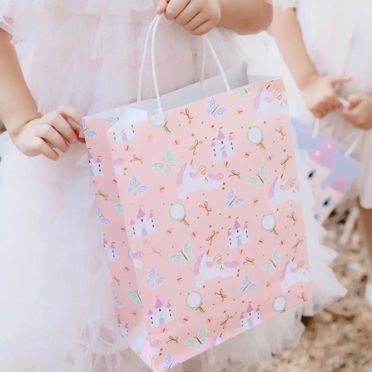 Unicorn Gift Bag - Large Paper Gift Bag - Pink With Unicorns, Castles, Butterflies & Gold Bows - 32cm