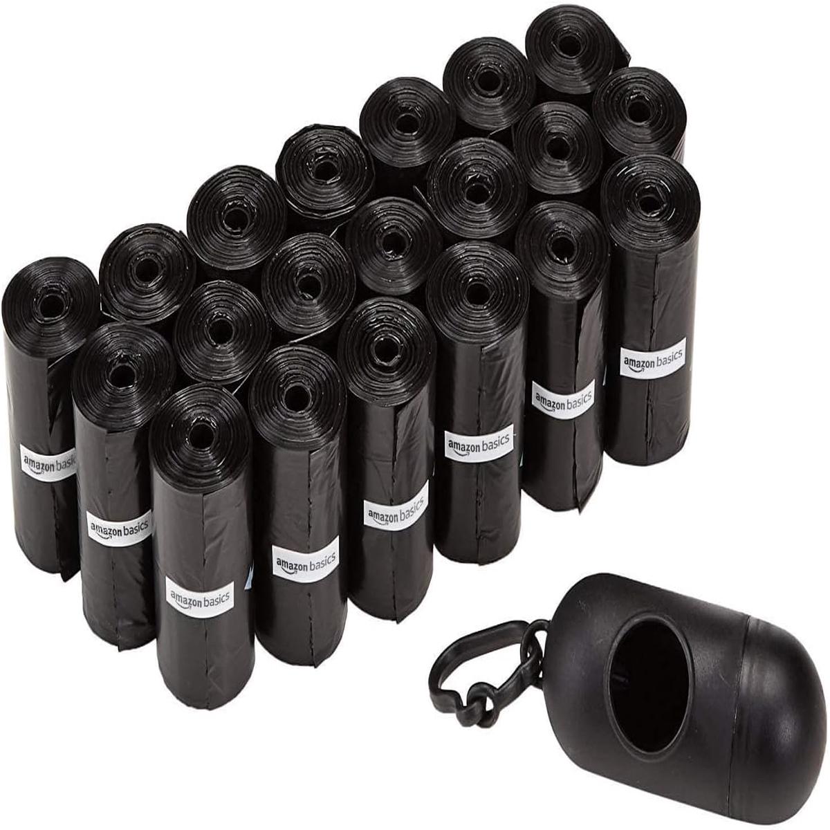 Amazon Basics Dog Poop Leak Proof Bags with Dispenser and Leash Clip, Unscented, 300 Count, 20 Pack of 15, Black, 13 x 9 Inch