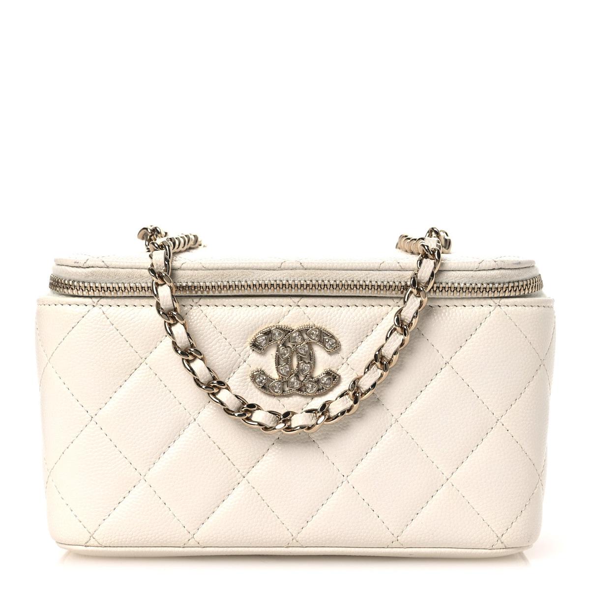 Caviar Quilted Crystal Hearts Small Vanity Case With Chain White