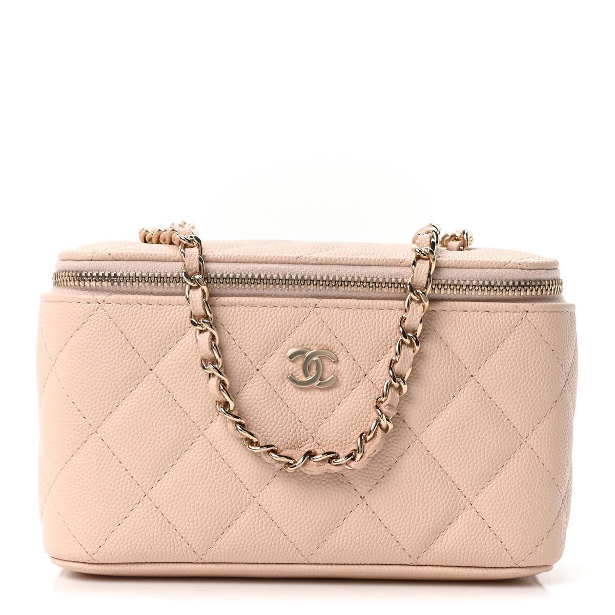 Caviar Quilted Small Vanity Case With Chain Light Beige