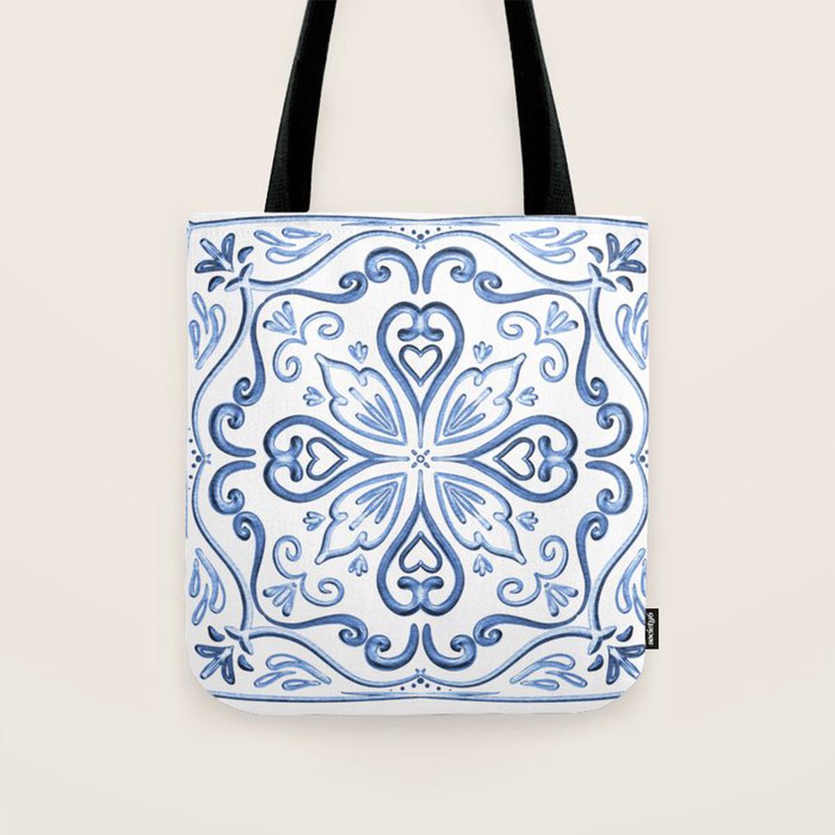 Blue and White Elegant Tiled Pattern Tote Bag
