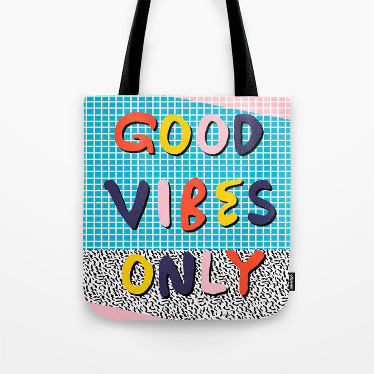 Check it - good vibes happy smiles fun modern memphis throwback art 1980's 80's 80s 1980s 1980 neon Tote Bag