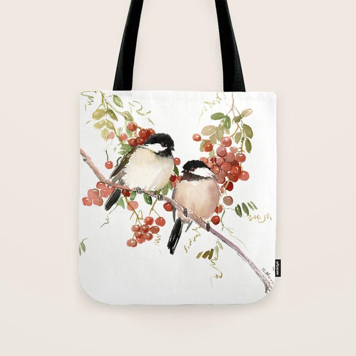 Chickadee Bird Vintage Bird Artwork, two birds, chickadees woodland design Tote Bag