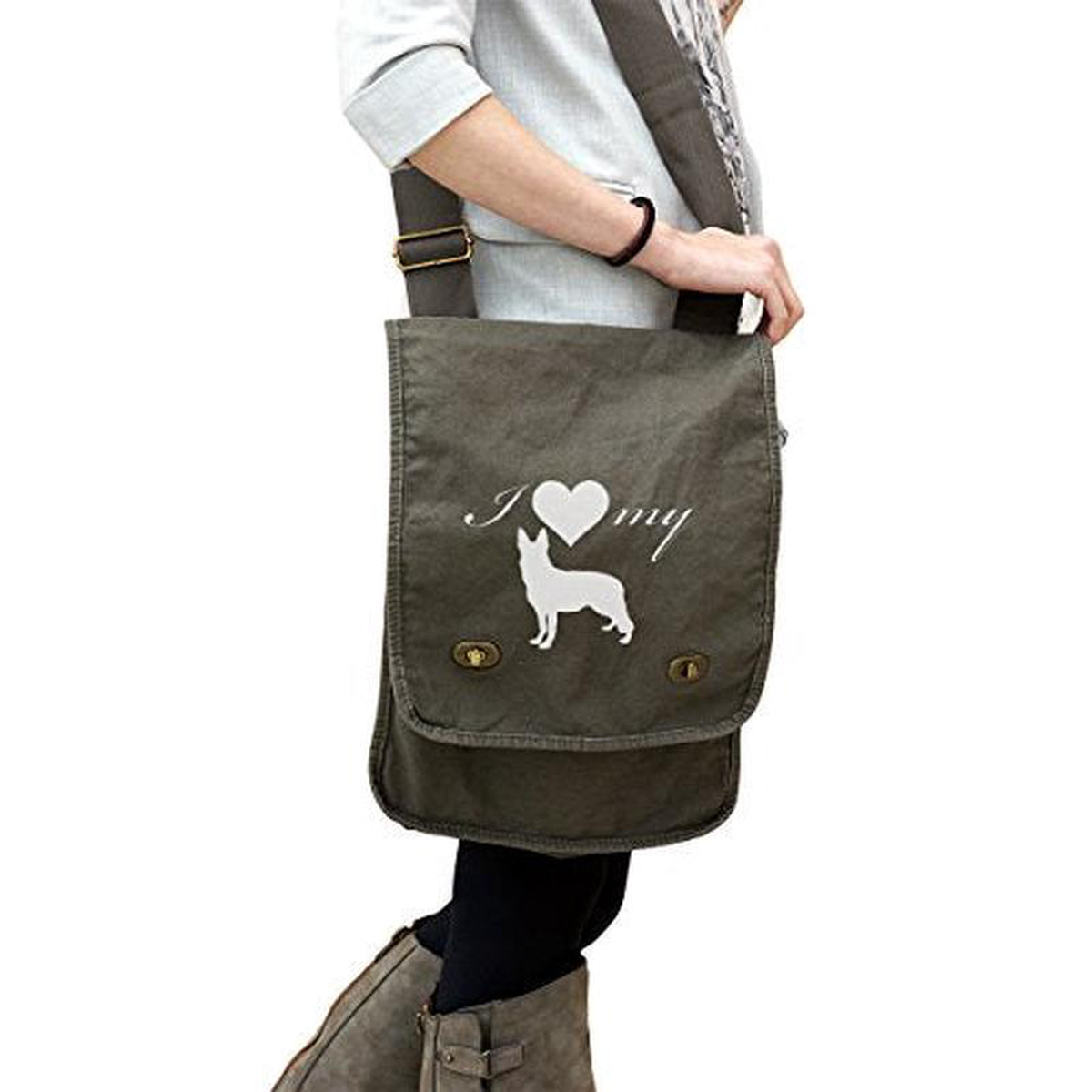 I Love My German Shepherd Dog Silhouette Heart 14 Oz Authentic Pigment-Dyed Canvas Field Bag Tote