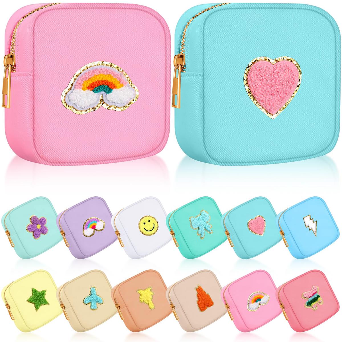 Sumind 12 Pcs Preppy Patch Cute Makeup Bag Travel Cosmetic Toiletry Chenille Skincare Bag Portable Nylon Organizer Storage Purse Small Zipper Makeup Pouch Daily Use Storage Purse for Women