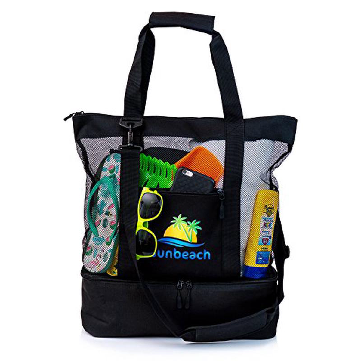 Sunbeach Mesh Beach Bag Tote with Built-in Insulated Cooler Zipper Closure Outside Zipper Pocket Padded Handle Grips and Removable Padded Shoulder Strap (Black)