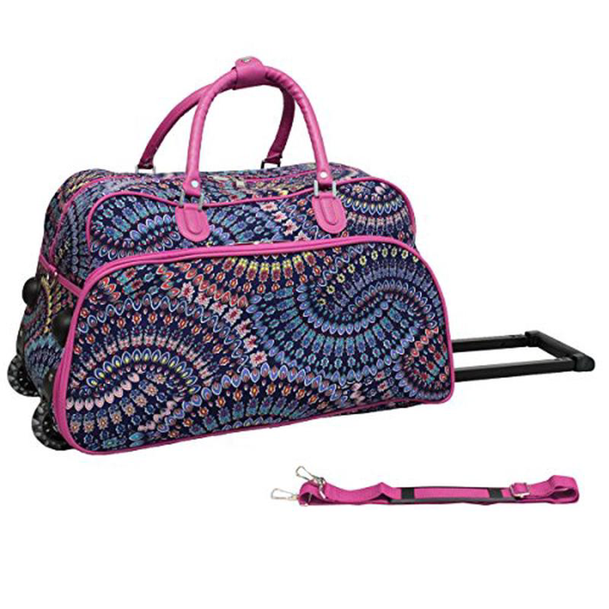 World Traveler Spiral Flower 21-Inch Rolling Duffle Bag Pink Trim Spiral Flower