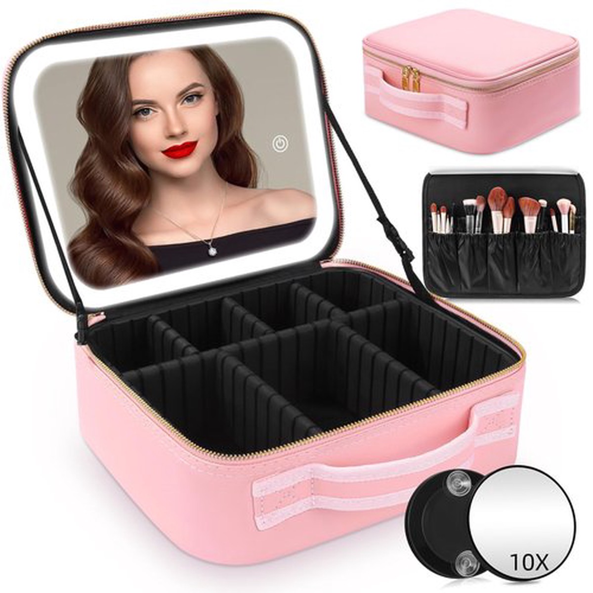 JXAUDEKK Large Capacity Travel Makeup Train Case with LED Mirror,Rechargeable LED Light for Makeup Cosmetic Case with Brushes Storage Organizer,Travel Box Cosmetic Bag for Women (pink)