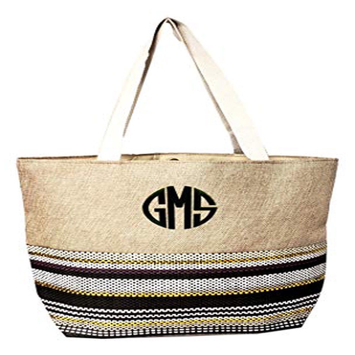 Large Jute Top Metallic Stripe Print Canvas Beach Bag Tote - 22"x14"x7" (Metallic Stripe Black -