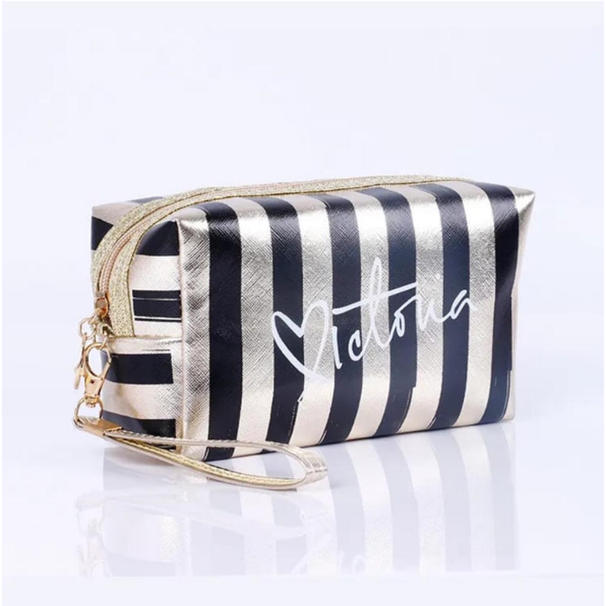 Striped Multipurpose Cosmetic Pouch Makeup Bag with Wrist Strap and Gold Zipper