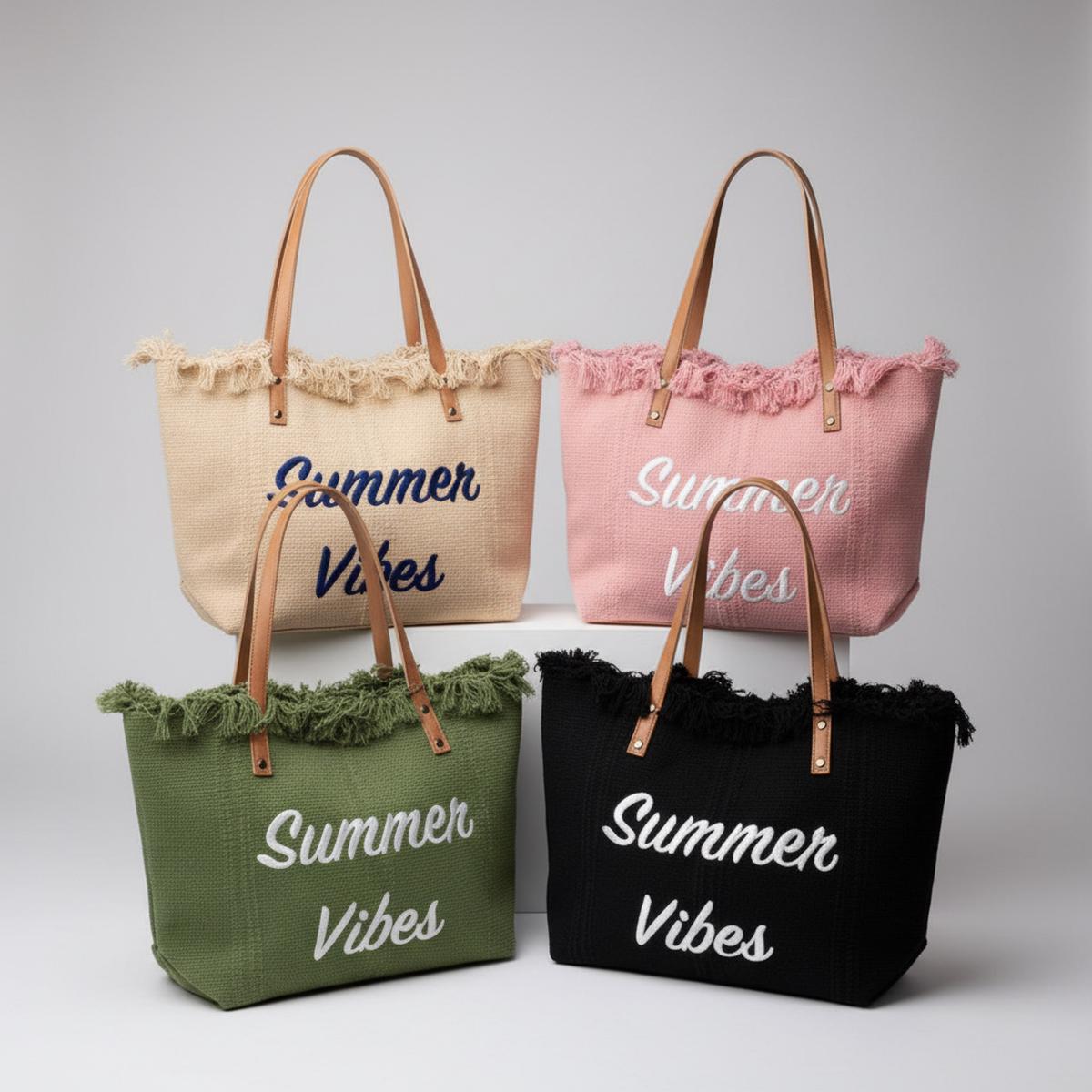 Women's Summer Vibes Tote Bag Frayed Edge Canvas with Leather Handles 5 Colors